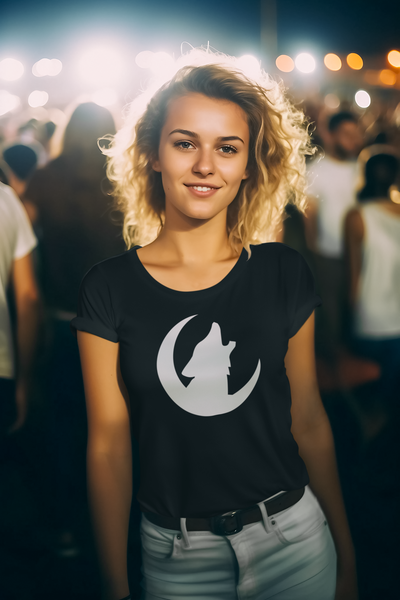 New! Wolf Moon Motif in Close-Fit Short Sleeve Black T-shirt