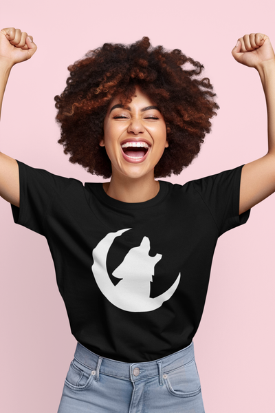 New! Wolf Moon Motif in Close-Fit Short Sleeve Black T-shirt