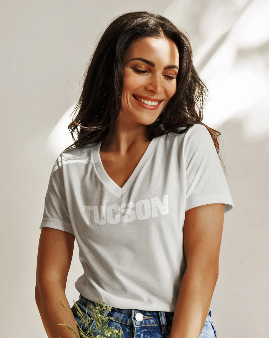 Women’s Relaxed V-Neck T-Shirt - Tucson Logo - White on Light Grey
