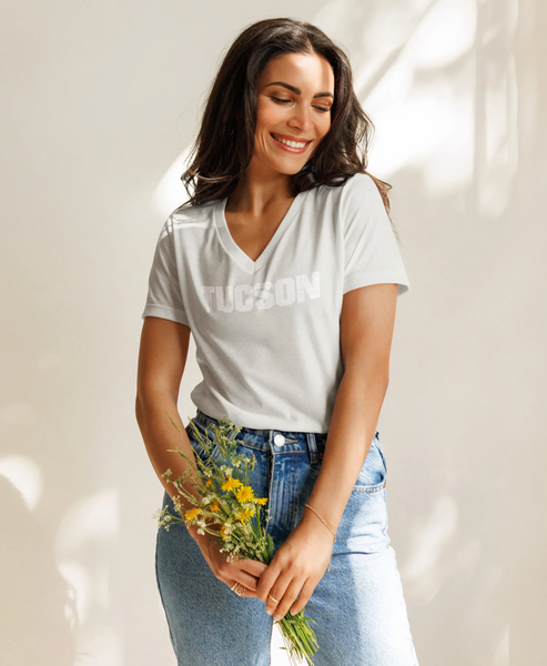 Women’s Relaxed V-Neck T-Shirt - Tucson Logo - White on Light Grey