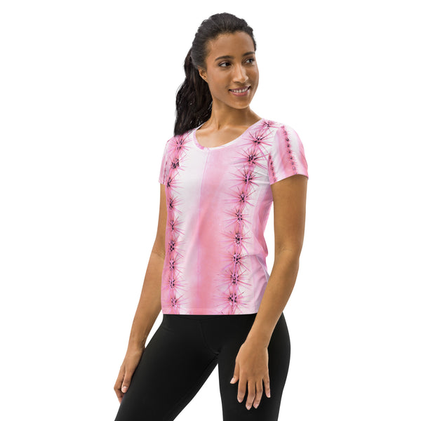 Pale Pink Cactus Graphic on All-Over Print Women's Athletic T-shirt